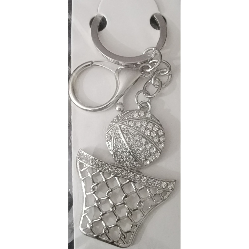 Mint Silver Rhinestone Basketball and Hoop‎ Keychain Bag Charm Sports Accessory